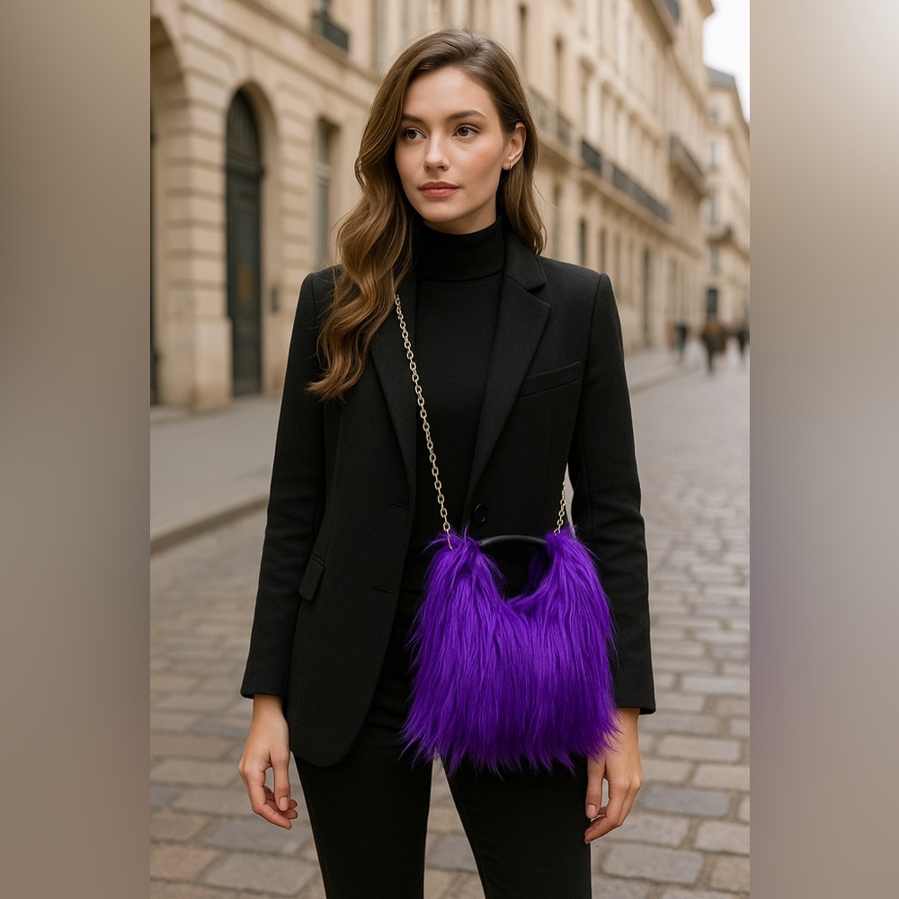 Vibrant Purple Fluffy Faux Fur Shoulder Crossbody Bag - Picture 3 of 7